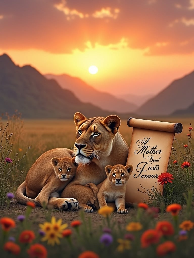 Lioness with two cubs in a field of flowers at sunset. Mountains in the background. Scroll with the text 'A MOTHER'S BOND LASTS FOREVER.'