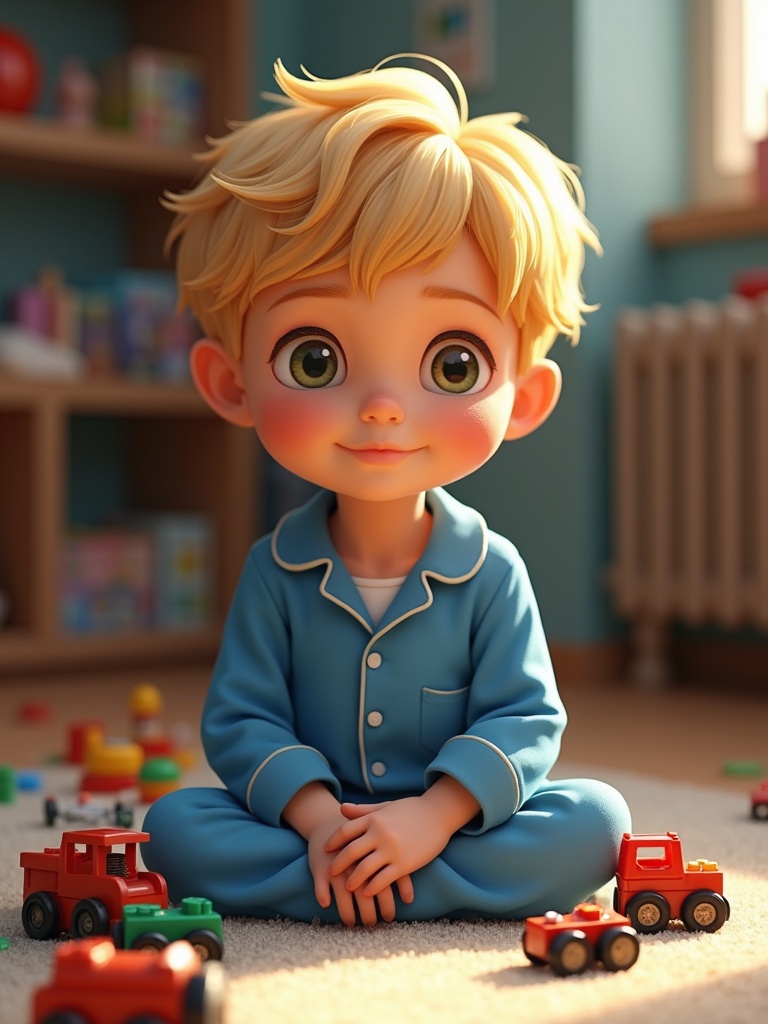 A five-year-old boy with short golden hair sits on a carpet in blue pajamas playing with toys. Curiosity and innocence fill his eyes. Surrounding him are scattered building blocks and toy trains.