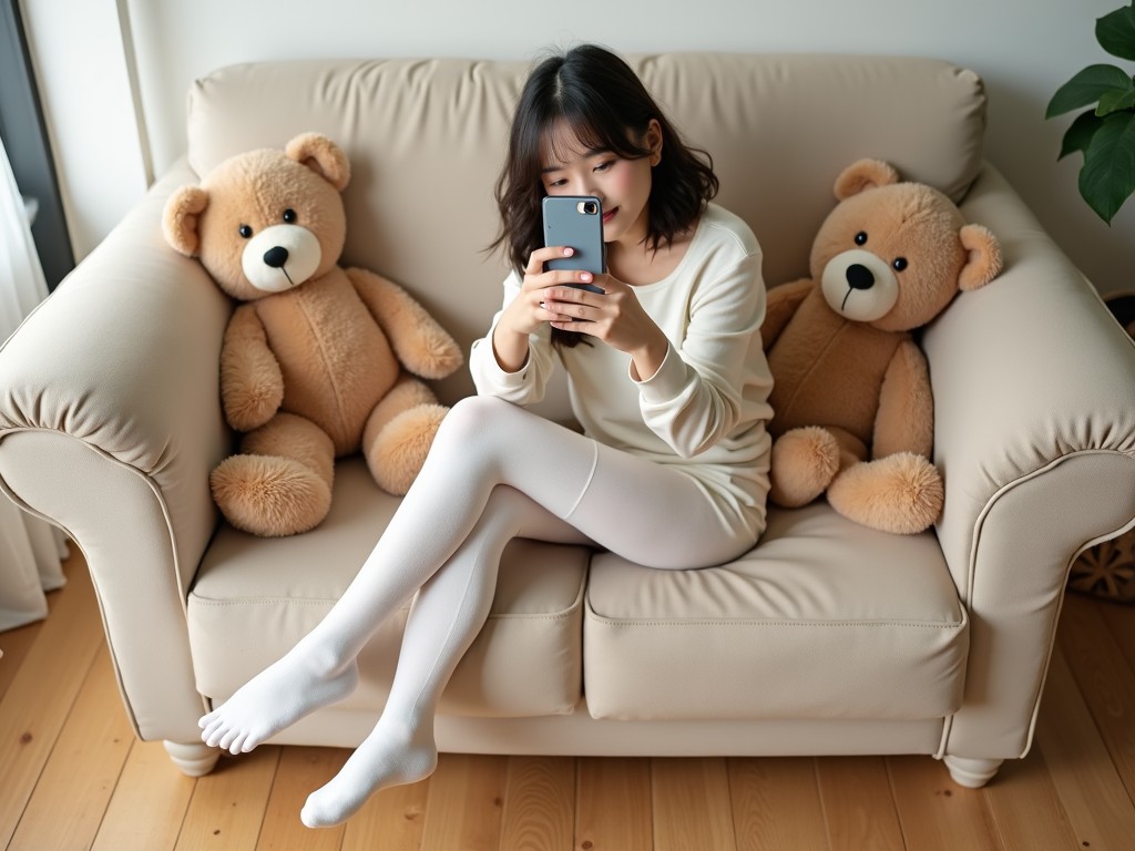 A woman sitting on a sofa with teddy bears, looking at her smartphone, in a cozy indoor setting with soft lighting.