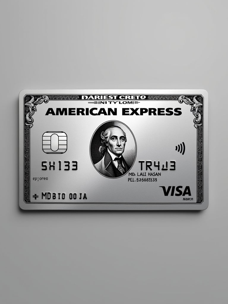 Realistic image depicting a platinum American Express credit card with a prominent Visa logo. Cardholder name is MD ALI HASAN and expiry date is March 2028. Features a silver background and bold black font for a modern elegant look.