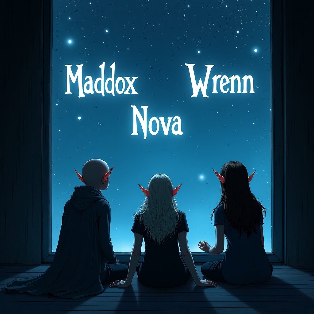 Elves sit by the window. Night sky shows glowing names. Names are Maddox, Wrenn, Nova. Soft light illuminates scene. Characters have pointed ears and are looking outside.