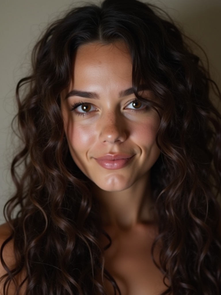 Individual with long curly hair positioned in front of the camera. Soft lighting enhances their features. Hair texture is prominent. Non-traditional angle emphasizes natural beauty.