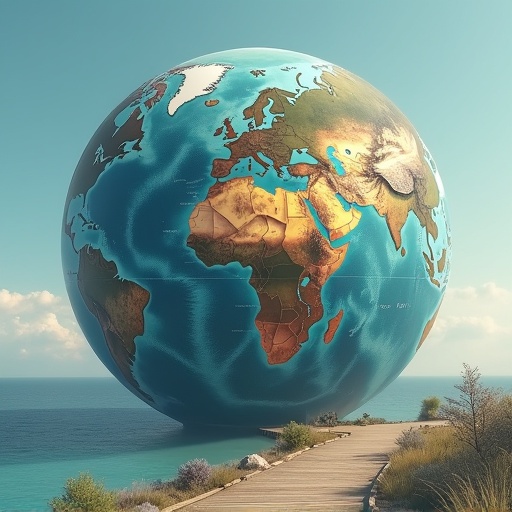 Large 3D globe depicting Earth on flat land with path leading towards it. Surreal landscape with bright colors and clear skies.
