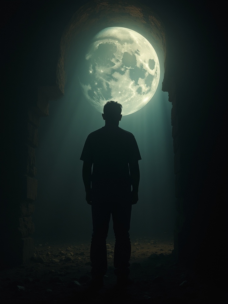 A man stands in shadow within a dark environment. A large moon is visible behind him through an archway. The scene has an ethereal atmosphere with soft lighting.