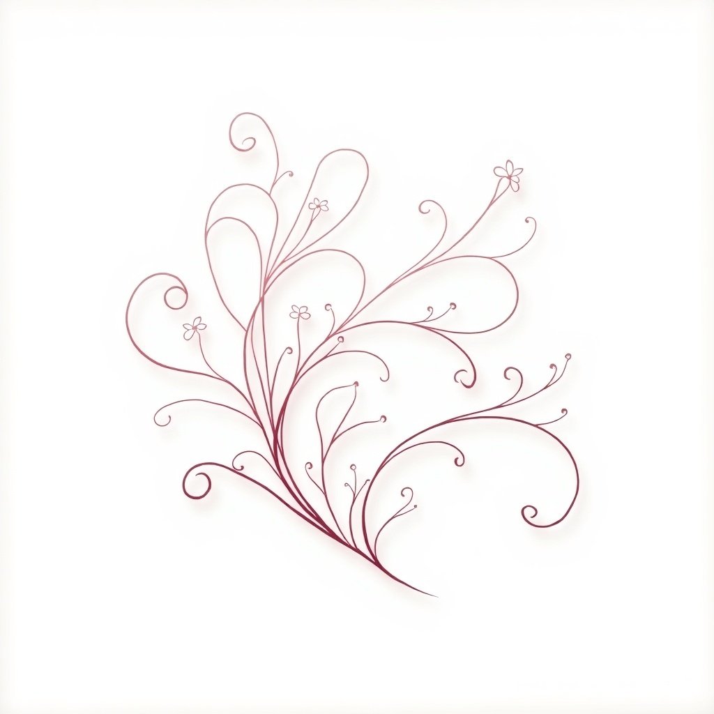 Intricate floral line art in pink on a white background. Features swirling lines and small flowers.