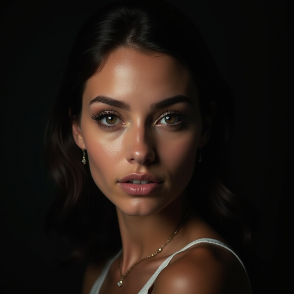 A portrait of a woman with captivating eyes. Soft lighting used against a dark background.