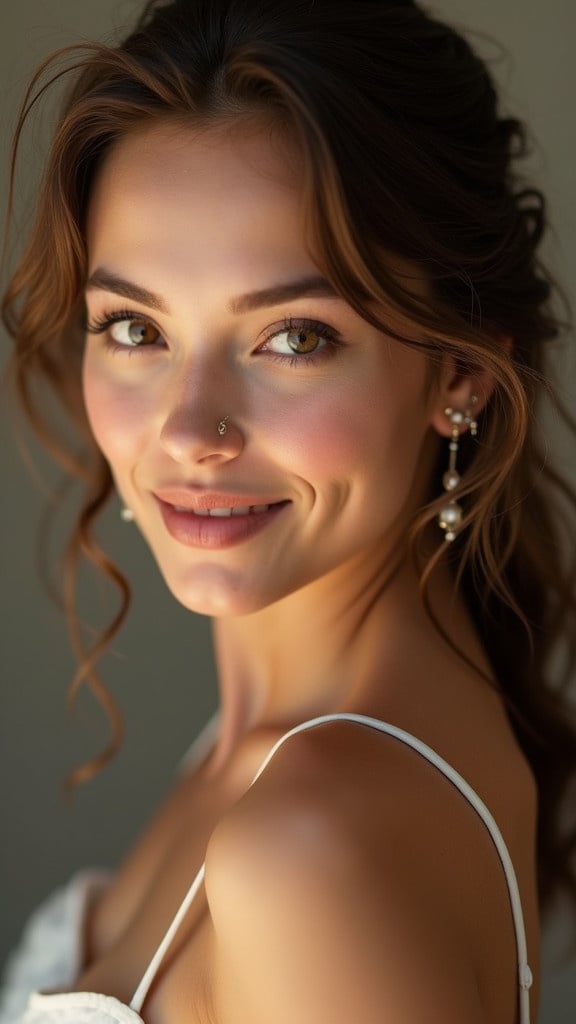 High definition photo showcasing elegant shoulders and neckline. Model displays flawless skin with a slight smile. The image captures beauty standards in a photorealistic style with a cinematic quality. Subject exudes sexiness and allure without showing the face. Focus on detail, texture, and high quality imaging.