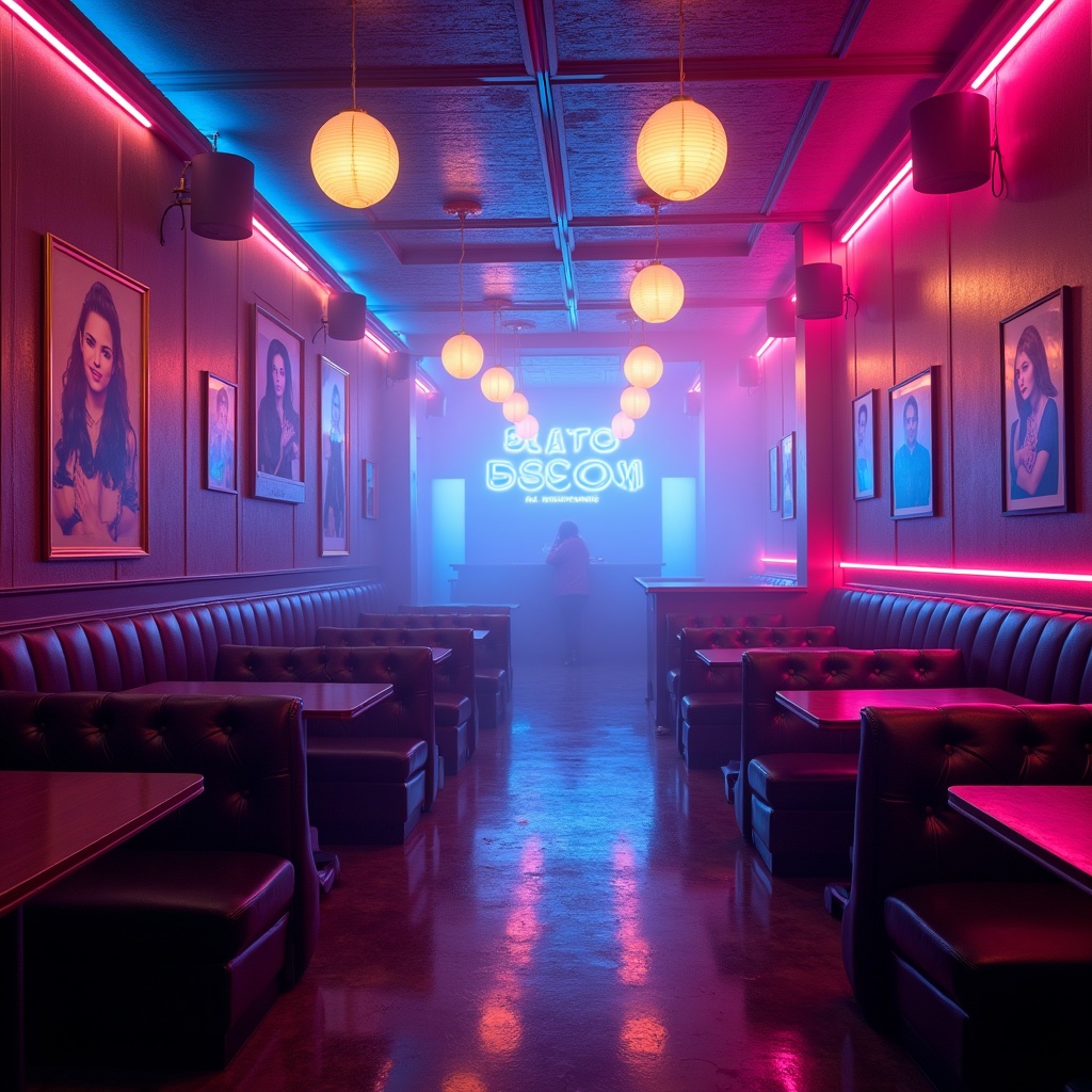 This image showcases a wide shot of a retro-styled disco club filled with vibrant neon lights. The color palette features dark purple and sky blue tones that create a lively atmosphere. Soft neon pink and yellow accents complement the main colors, enhancing the retro feel. Celebrity portraits adorn the walls, adding a cinematic touch reminiscent of classic nightlife visuals. The lighting is carefully designed to evoke a mix of nostalgia and contemporary vibes, making it perfect for social media content or event promotions.