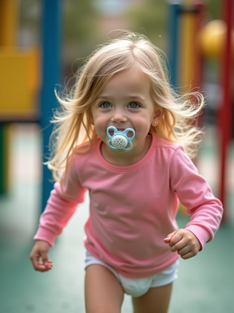 A seven year old girl plays at a playground. She has long blond hair and wears a pink long sleeve t-shirt with a diaper underneath. She is running towards the camera. The setting is colorful and cheerful with playground equipment visible in the background.