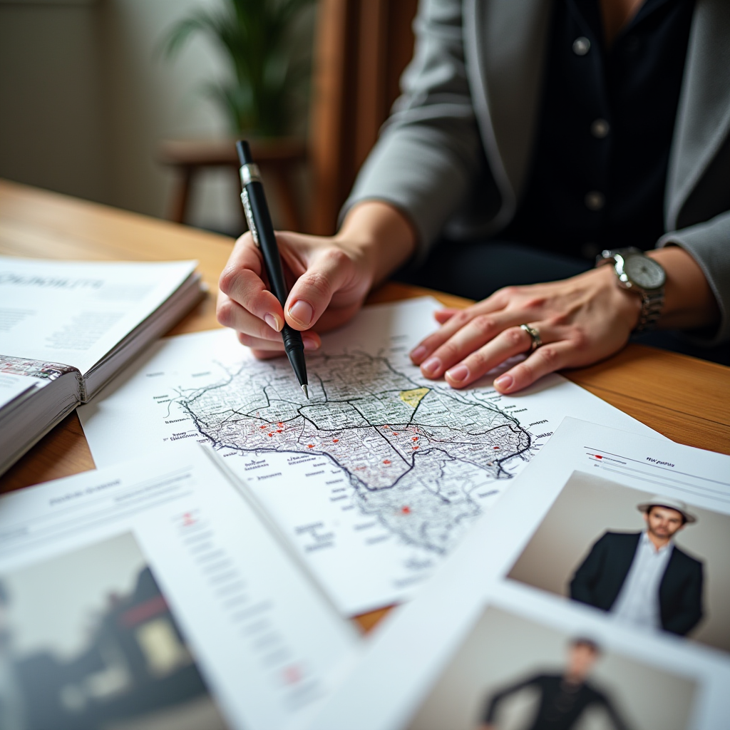 A person in business attire analyzes a city map with circled points, surrounded by documents and photos on a desk.