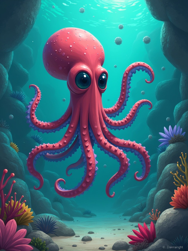 Cartoon octopus in underwater scene. Colorful coral and plants surrounding the octopus. Bright colors and friendly expression on the octopus.