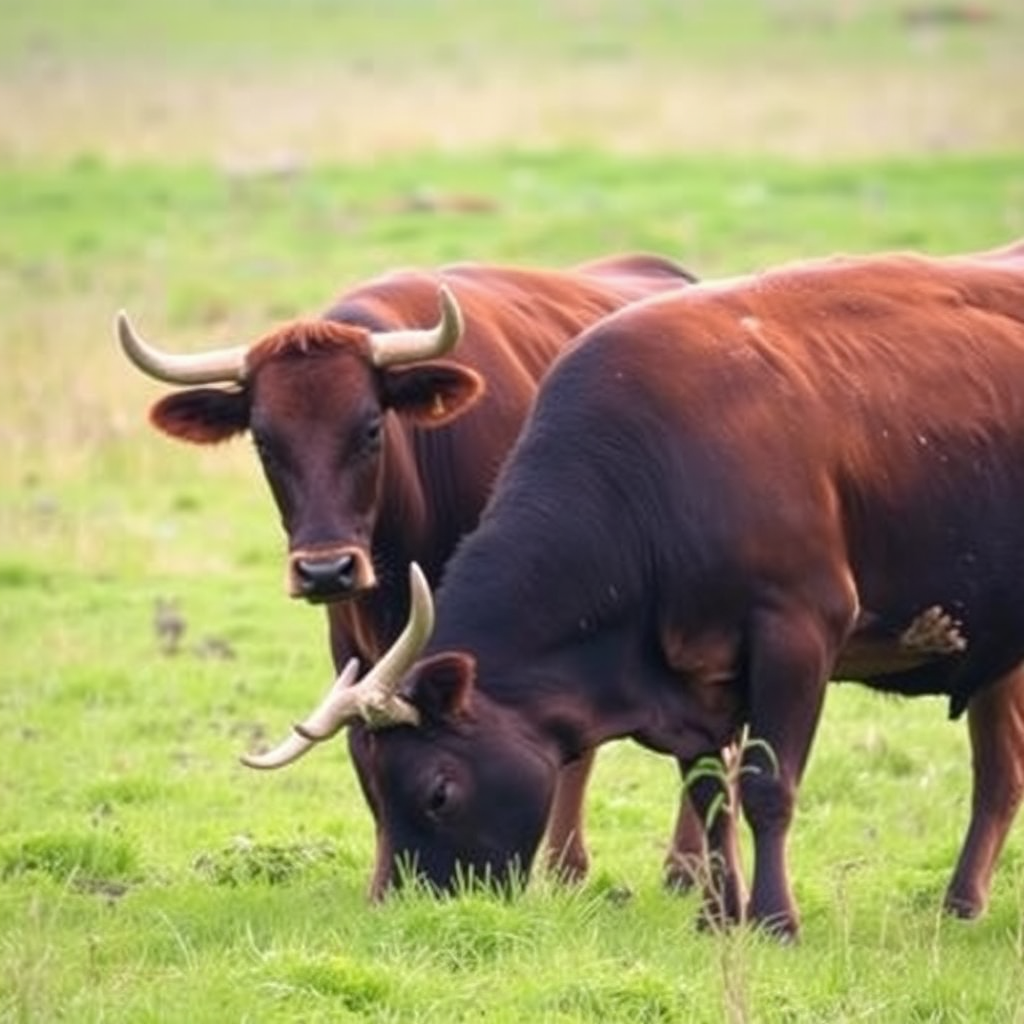 Two brown oxen with large curved horns graze peacefully in a lush green pasture.