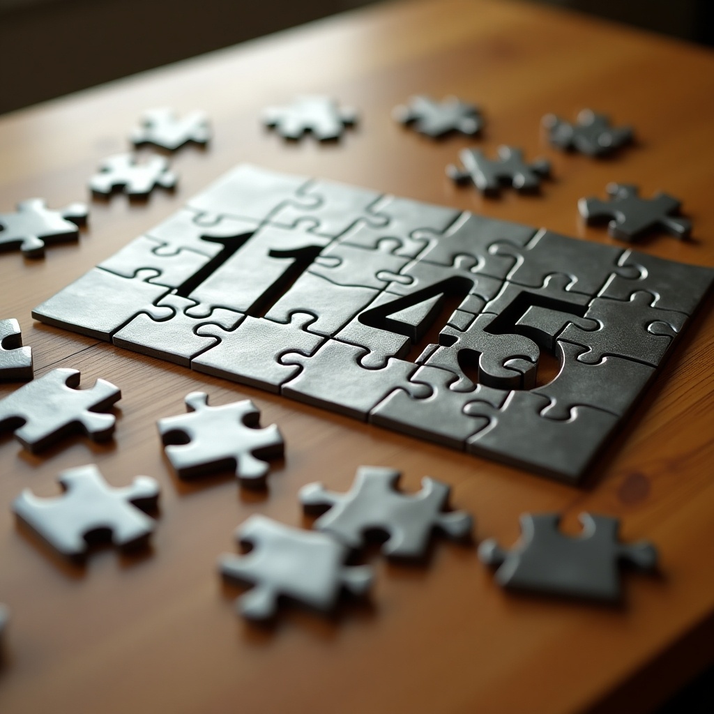 Partially assembled jigsaw puzzle on wooden table. Complete puzzle shows numbers 11:45. Scattered puzzle pieces surround incomplete area. Soft, warm lighting highlights textures of wooden table and glossy puzzle pieces.