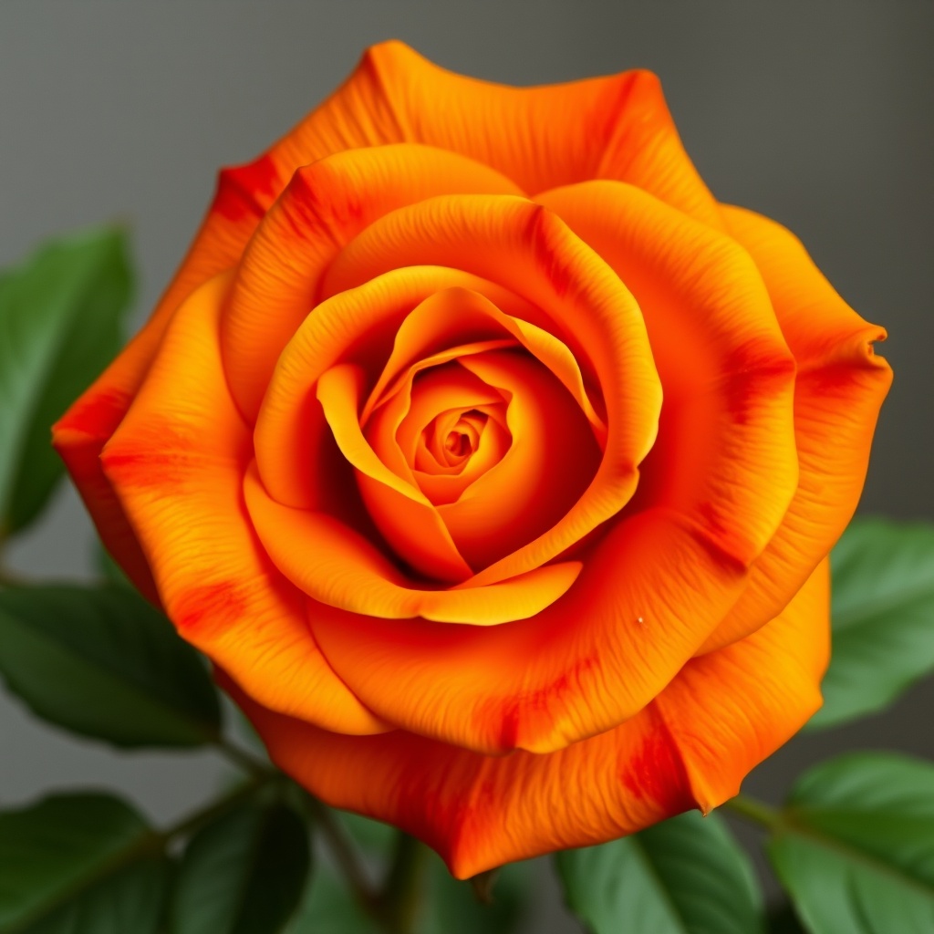 A vibrant orange rose with red-tipped petals surrounded by lush green leaves.