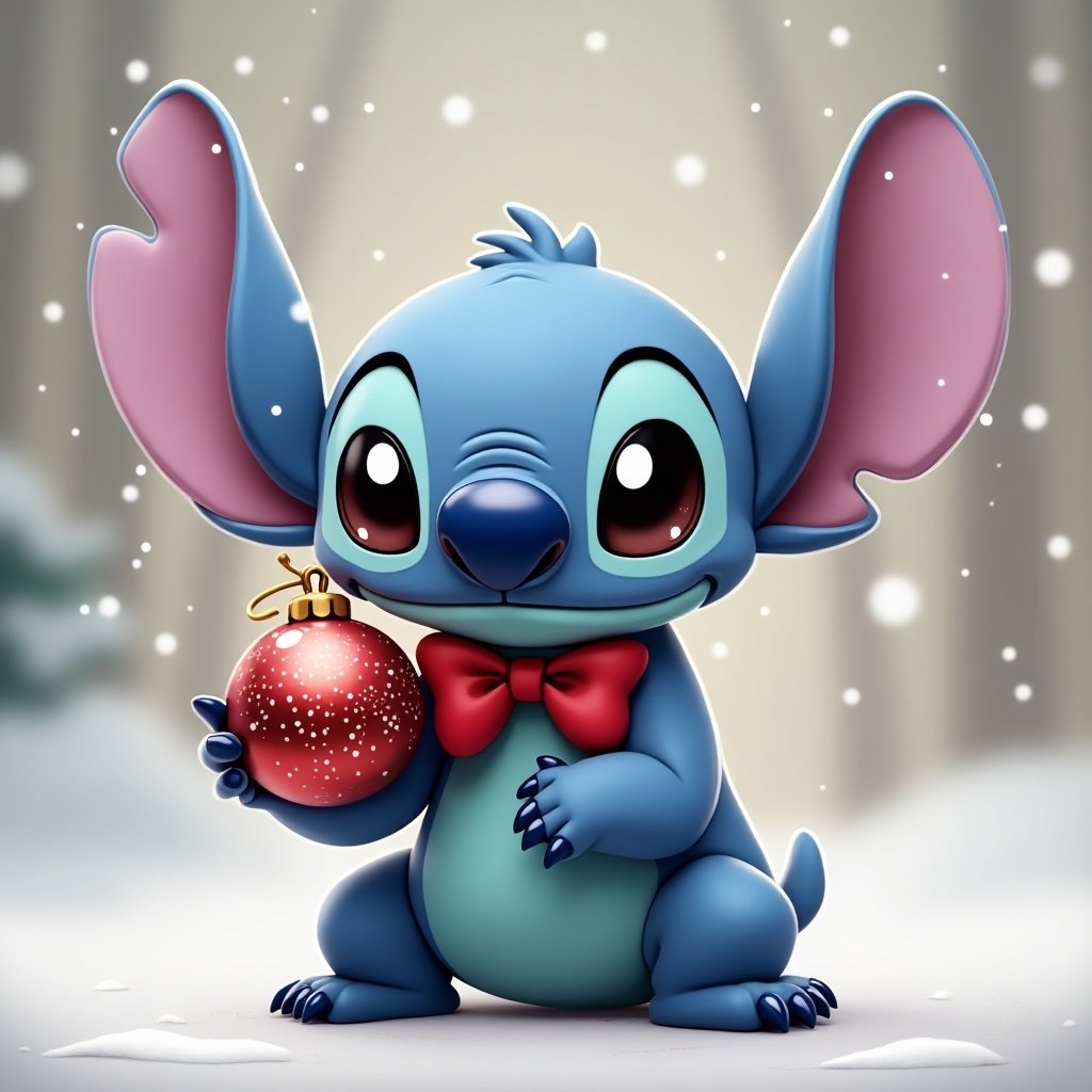 Cute character with large ears and a bow tie holds a Christmas bauble. The character is blue and cheerful. Snowfall in the background creates a festive atmosphere.