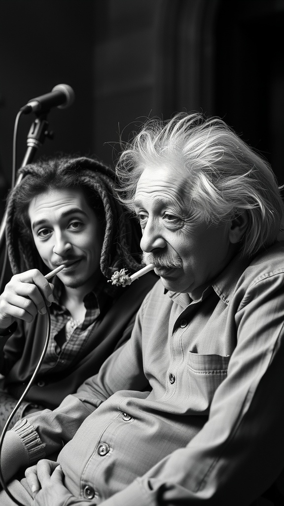 A humorous portrayal of two iconic figures relaxing with pipes.