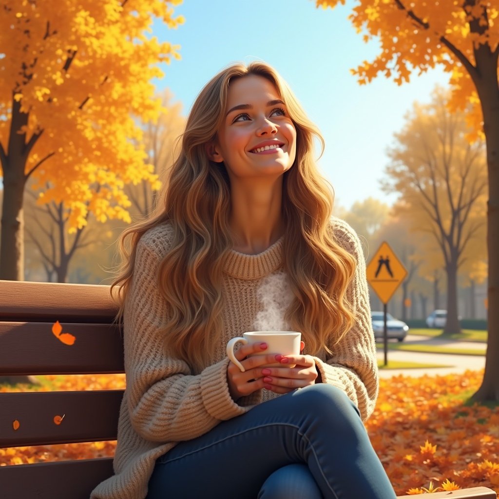 A woman enjoying a coffee in a park during autumn. Trees are vibrant with fall colors. She wears a cozy sweater and sips from a cup. Steam rises from the beverage near her face, creating a warm feeling in the cool air.