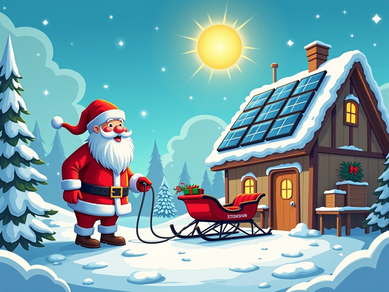 Cheerful scene at Santa's Workshop. Santa charging electric sleigh from workshop mains. Workshop roof adorned with solar panels. Emphasis on eco-friendly energy source. Showcase solar power utilization in North Pole this festive season. Cartoon style.