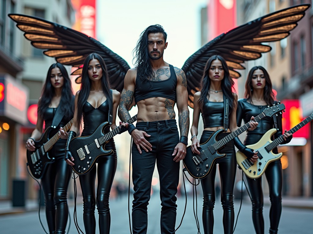 This striking image captures a group of individuals in a city street setting, each person adorned in black leather outfits, exuding a sense of rock and rebellion. The central figure has large, dramatic wings, while the others hold electric guitars, enhancing the image's bold, theatrical aura. The urban backdrop adds to the edgy, modern vibe of the scene.