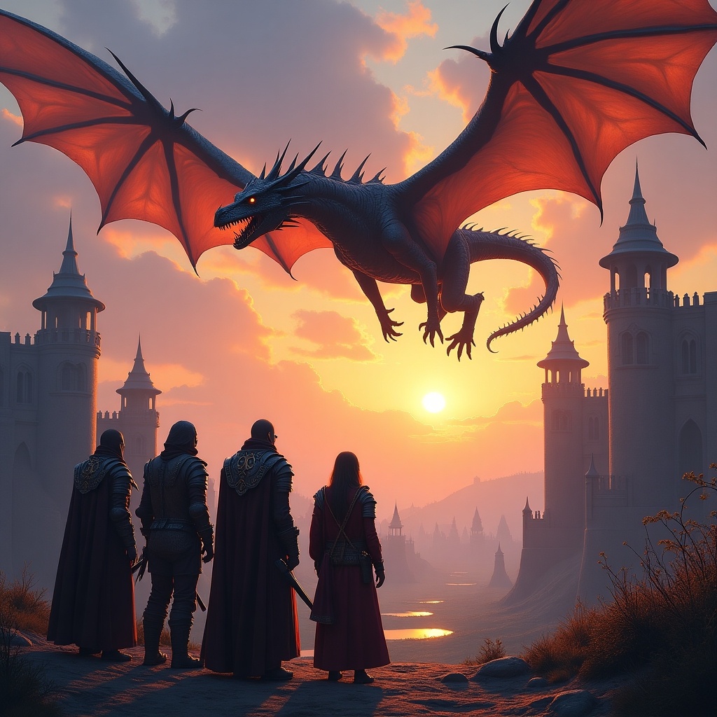 Fantasy scene featuring a majestic dragon flying over a group of adventurers in front of castles during sunset.