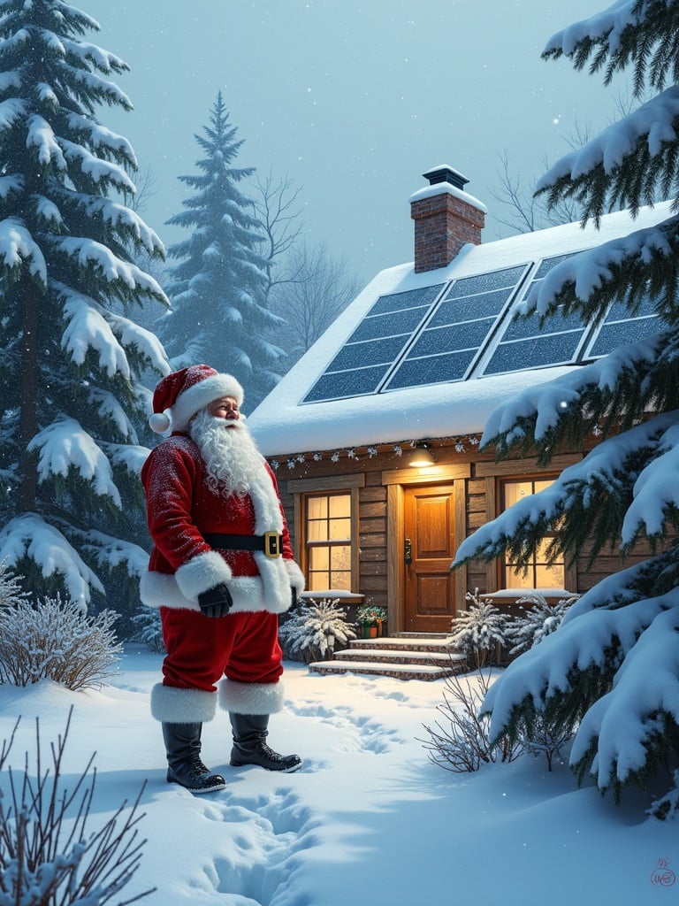 Santa Claus stands outside a home equipped with solar panels. Snow covers the ground and nearby trees. The scene emphasizes the festive spirit of Christmas in a snowy environment.