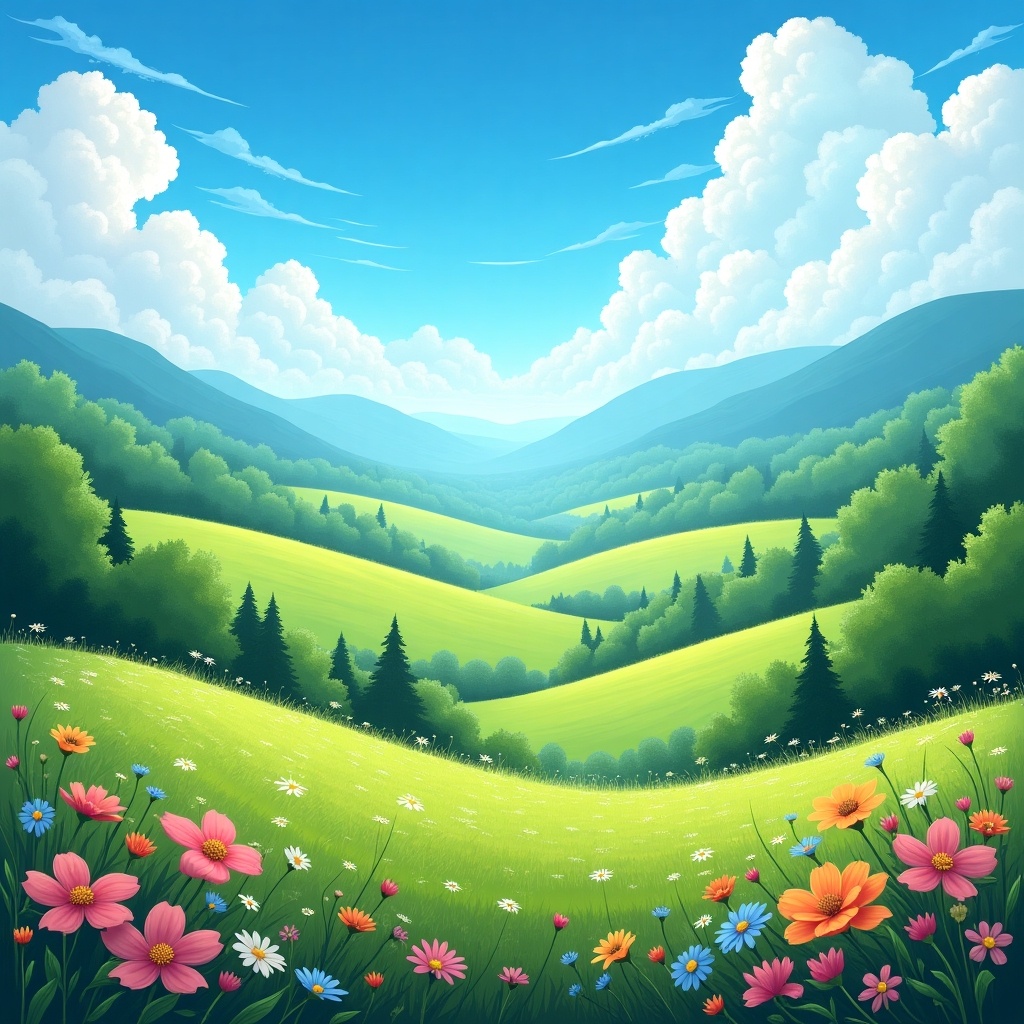 This image showcases a stunning landscape featuring a lush meadow filled with colorful flowers in the foreground. Rolling hills extend into the distance under a bright blue sky adorned with fluffy white clouds. The vibrant greens of the grass and trees create a serene and inviting atmosphere. This picturesque setting evokes feelings of peace and tranquility, making it perfect for nature lovers. It's an ideal representation of a joyful day in the countryside.