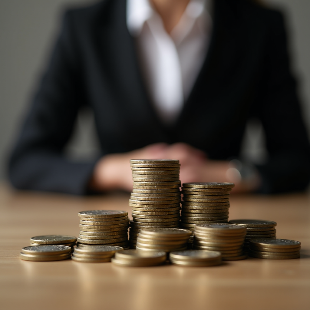 A person in a suit sits behind stacks of coins on a table.