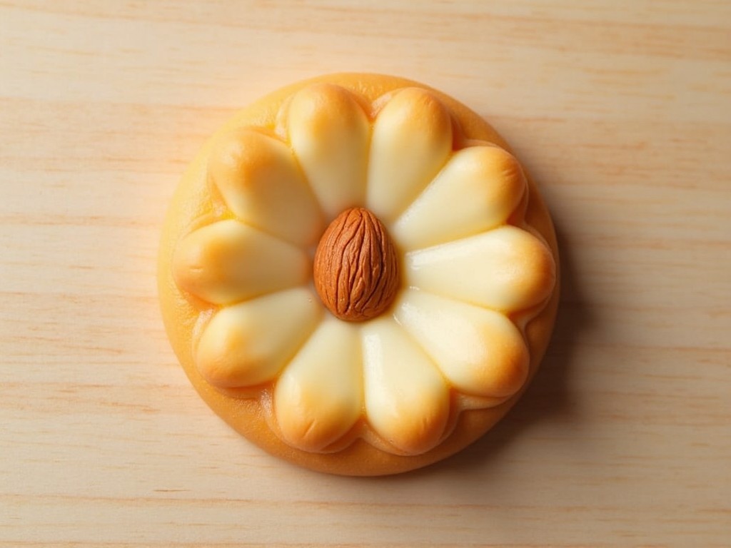 A top-down view of a flower-shaped cookie with an almond center on a light wooden background.