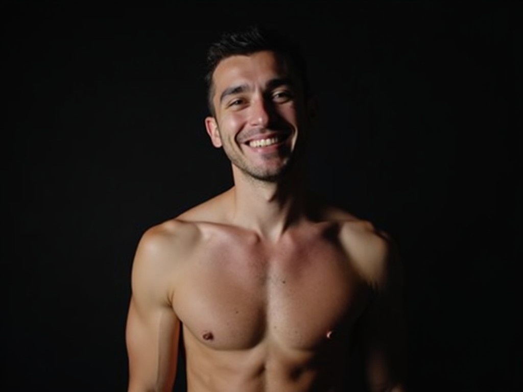 A shirtless man with a defined muscular physique is smiling broadly. He stands against a dark background, allowing his features to pop out. The soft lighting highlights his chest and arms, showcasing his fitness. His happy expression conveys a sense of confidence and joy. This image symbolizes health and positive body image, appealing to audiences interested in fitness and lifestyle.