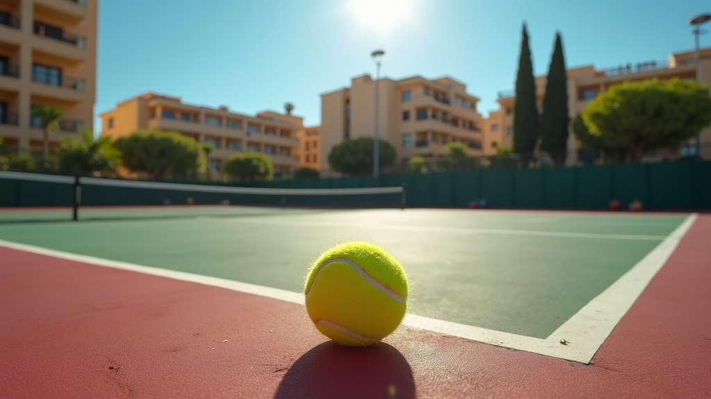 A tennis ball rests on a tennis court with residential buildings and trees in the background.