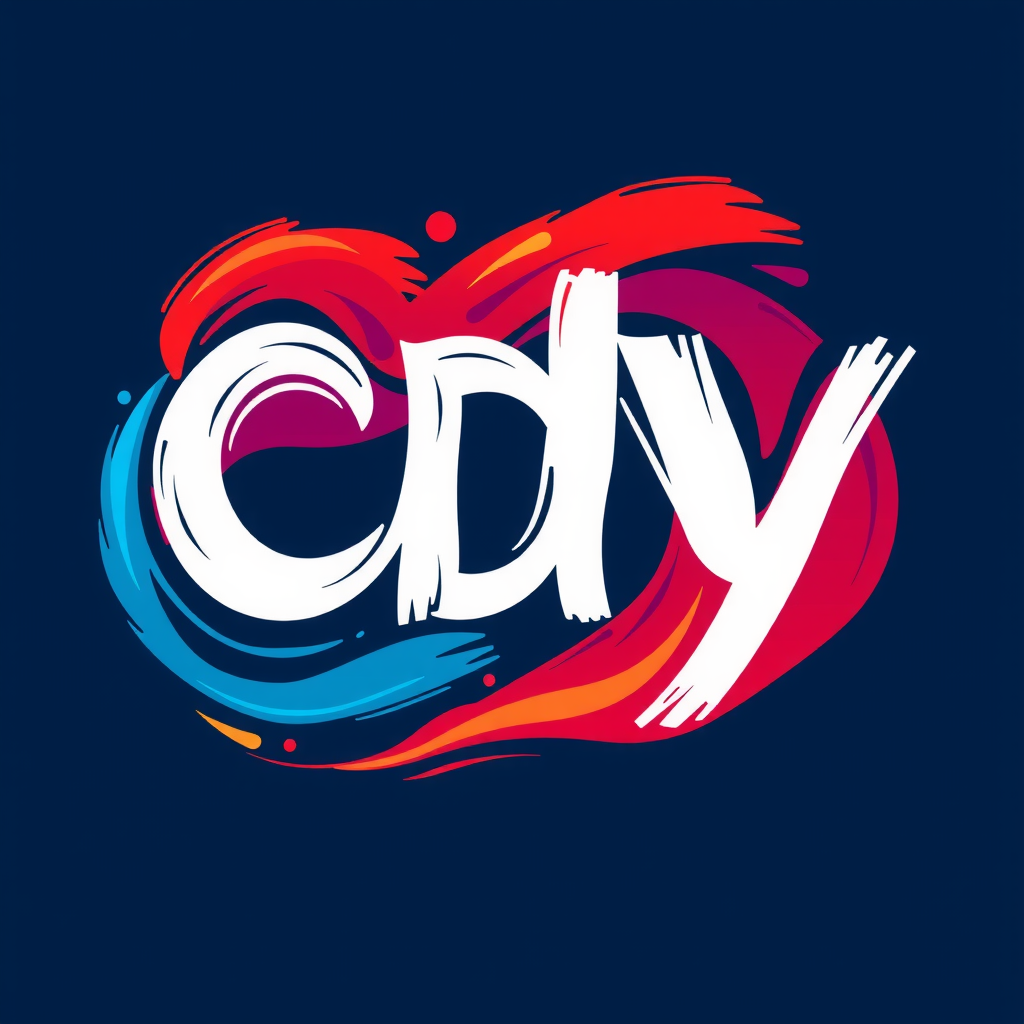 The image showcases a dynamic piece of digital art featuring the text 'CDY' in bold, stylized lettering. The letters are painted with a brushstroke effect, incorporating red, white, and blue colors that blend and swirl around the text. The background is a deep navy blue, which contrasts with the bright colors of the design, making the text stand out prominently. The style is modern and artistic, giving a sense of energy and creativity to the composition.