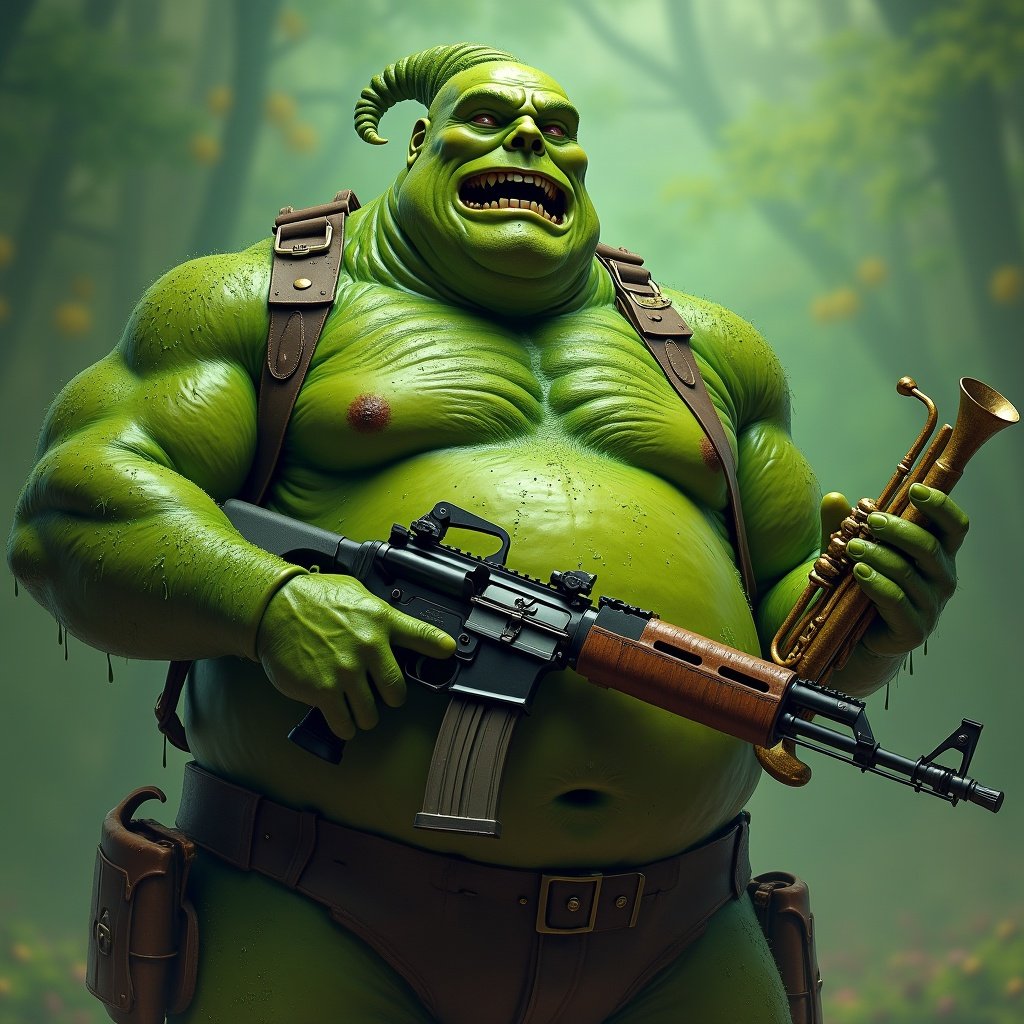 A fat green slime man holding an AK-47 in his left hand and a trumpet in his right hand.