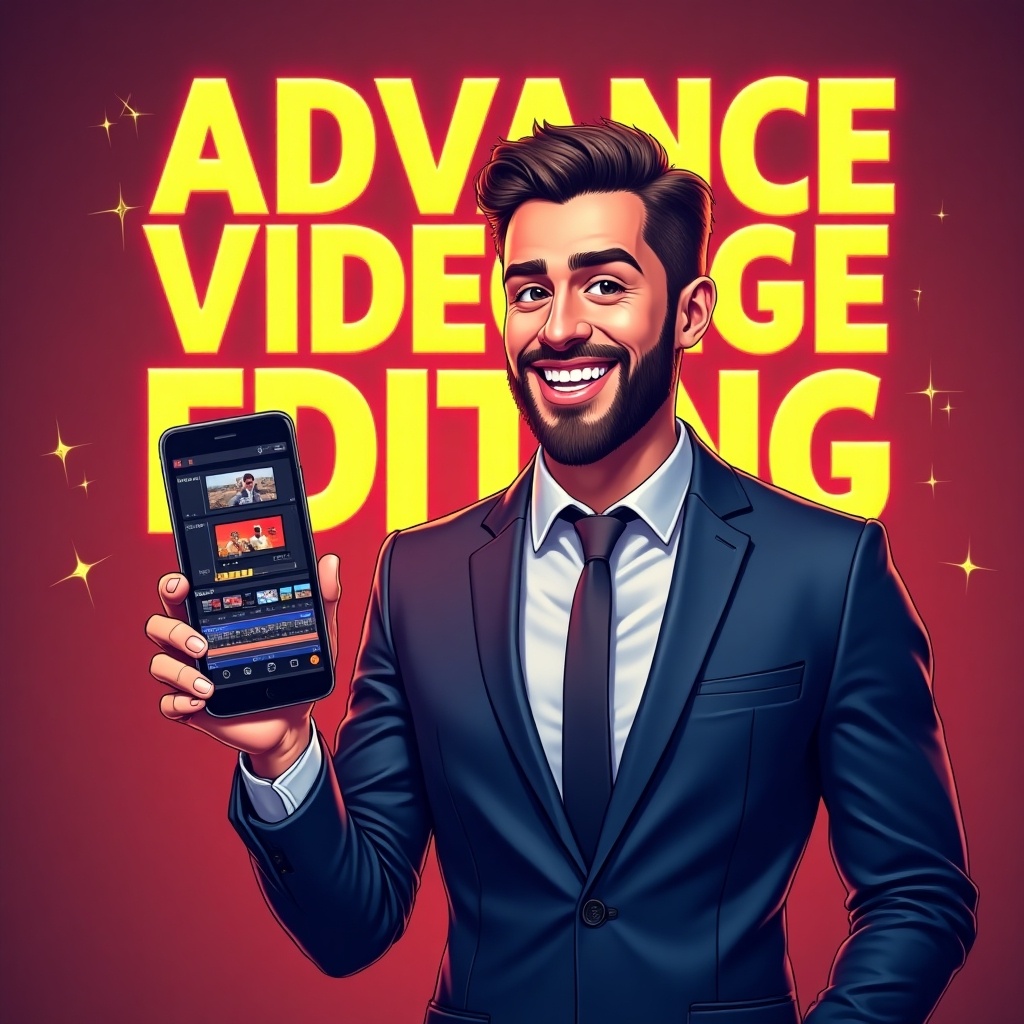 Confident man in a suit holding smartphone showing video editing app interface. Background has bold 'ADVANCE VIDEO EDITING' text in yellow and red. Man looks professional and enthusiastic. Vibrant colors in a digital art style.