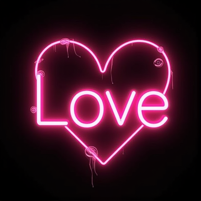 A pink neon sign shaped like a heart with the word 'Love' at the center.