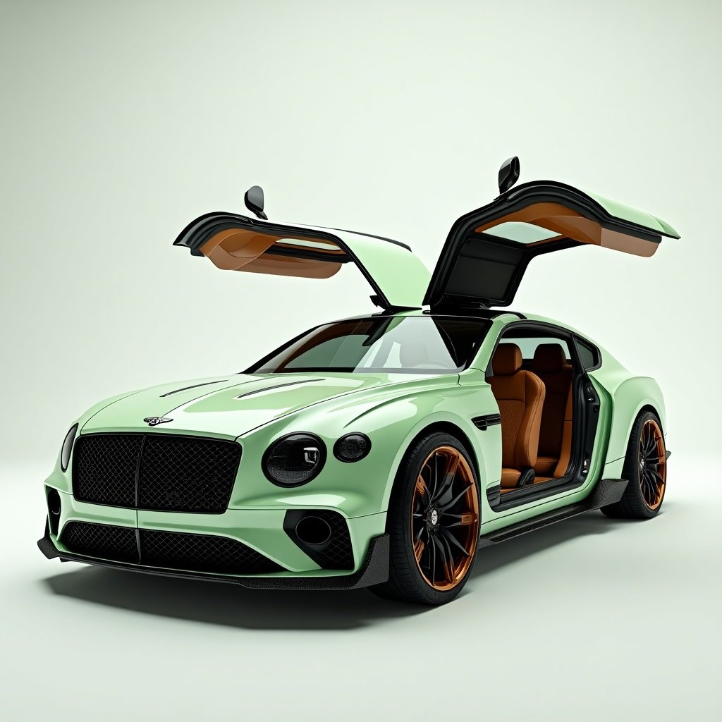 A fusion of a 4-door sedan, Bentley Bentayga, and Hyundai Genesis. Features butterfly doors. Color scheme includes mint green and brown.