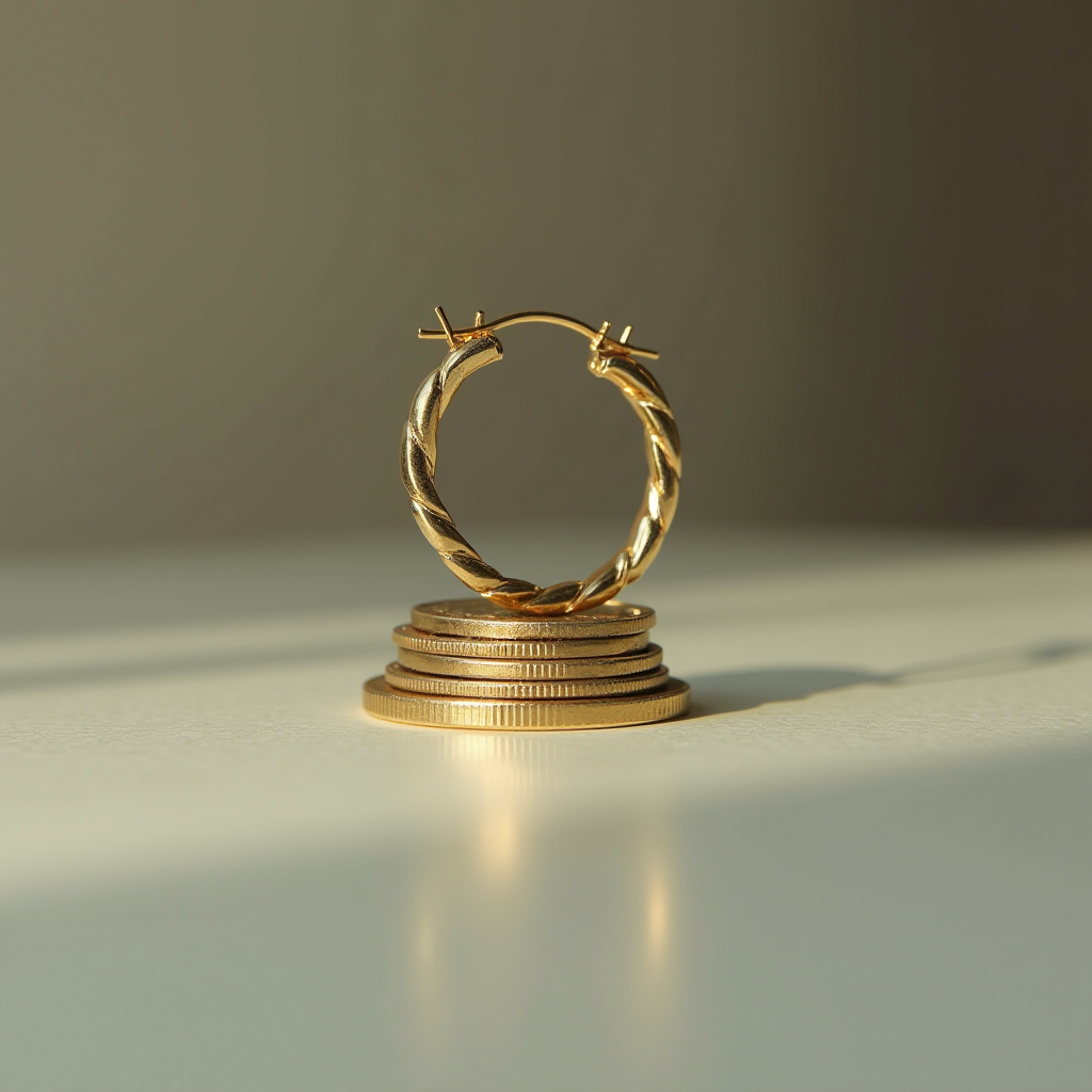 A single gold hoop earring stands vertically on top of a small stack of gold coins.