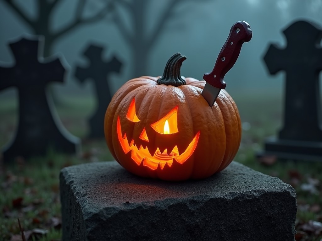 A carved pumpkin sits ominously on a stone in a graveyard. It has a menacing face with grinning teeth and glowing eyes. A knife is plunged into the top of the pumpkin, adding to its eerie appearance. The background is shrouded in fog, with dark tombstones visible. The scene evokes a feeling of Halloween and the supernatural.