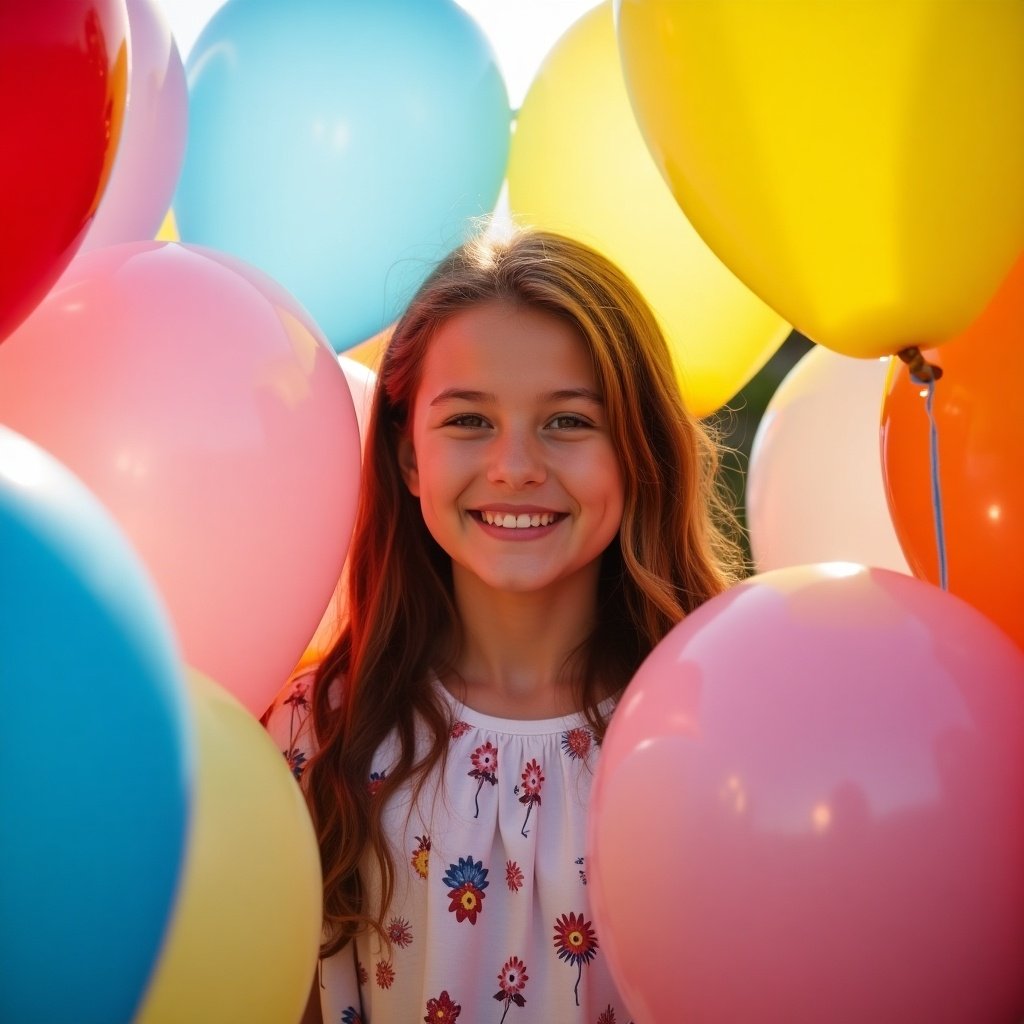 A young woman stands surrounded by colorful balloons. Bright and lively atmosphere.