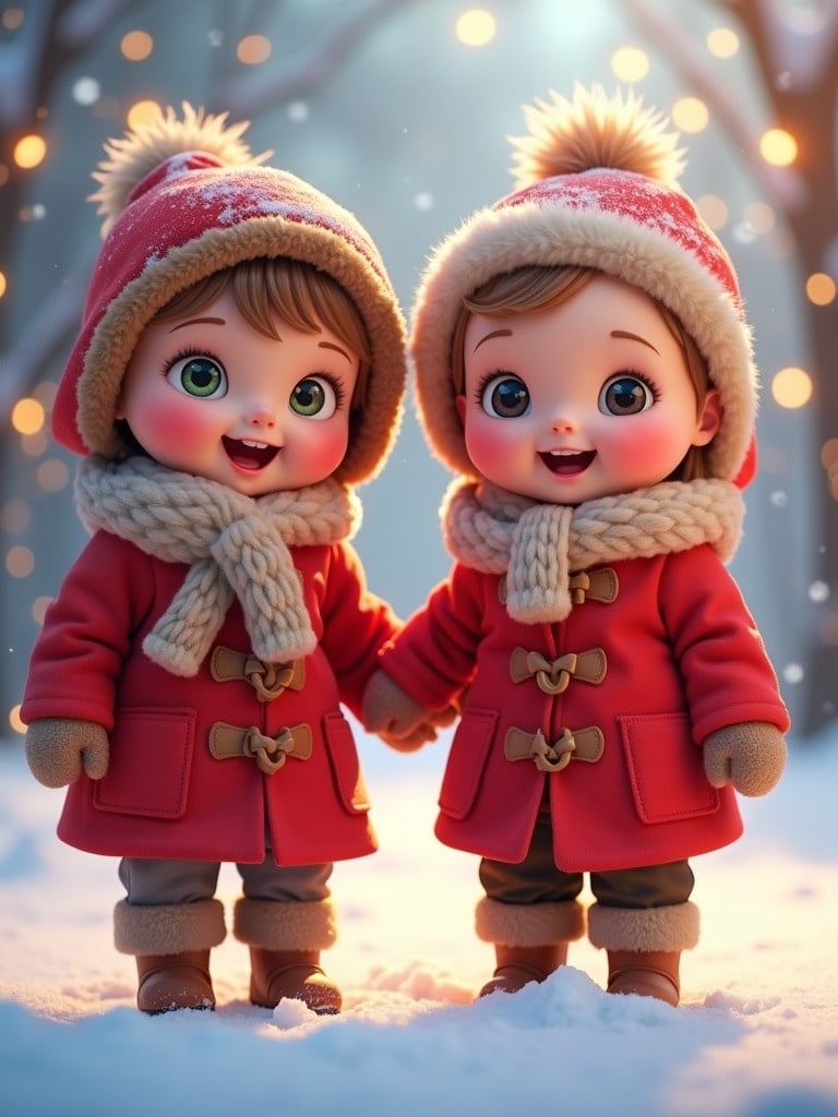 Animated babies dressed for winter in red coats. Stand together in snow. Soft snowflakes and festive lights in the background. Babies with cheerful expressions. Warm glowing light.