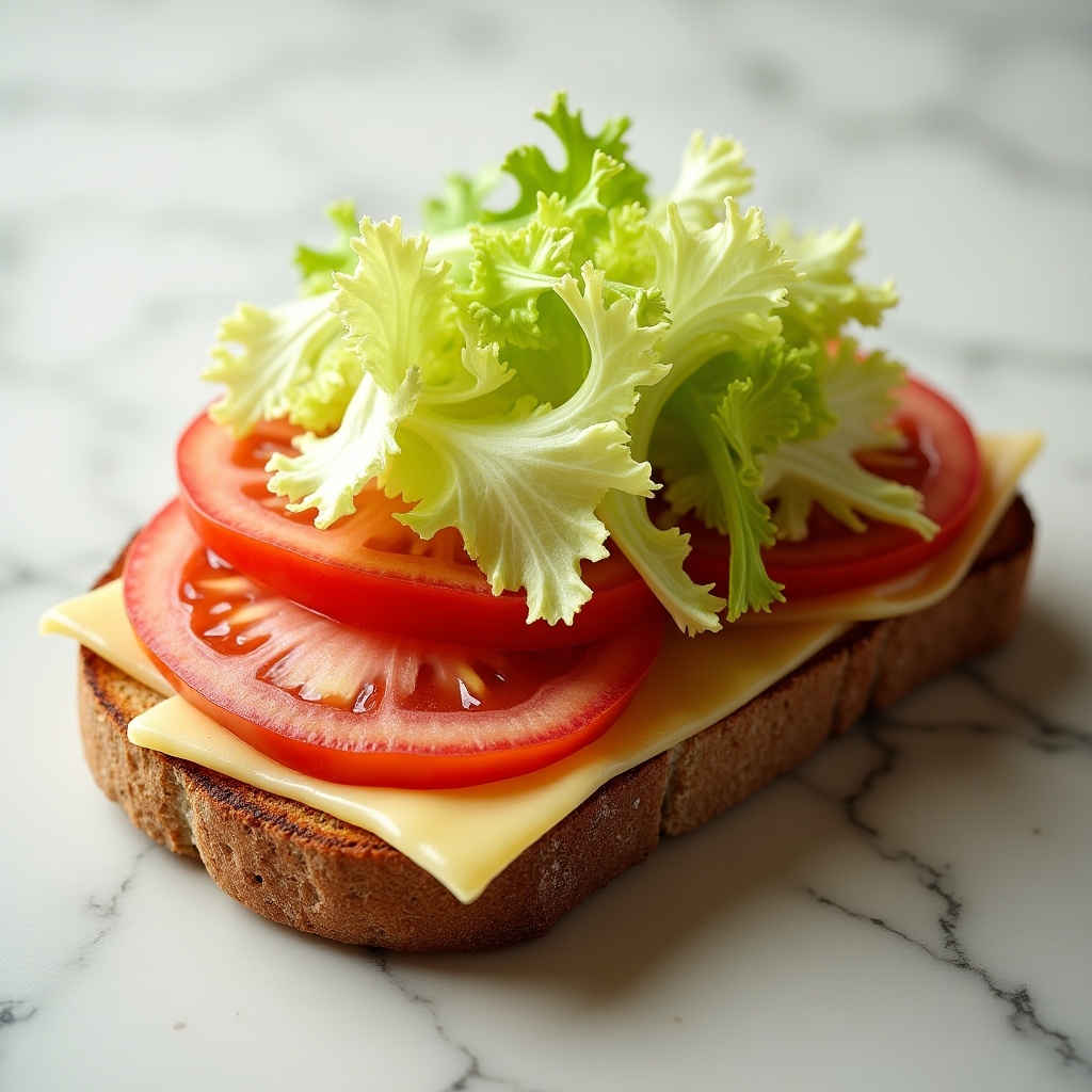 This image showcases a delicious ham and cheese toast topped with fresh layers of tomato and lettuce. The toast features melted cheese underneath vibrant red tomato slices. Generous amounts of fresh, crisp iceberg lettuce are piled high on top, adding a refreshing crunch. The sandwich is presented on a marble surface, emphasizing its appetizing appearance. The lighting enhances the rich colors and textures of the ingredients, making it a tempting option for meal ideas.