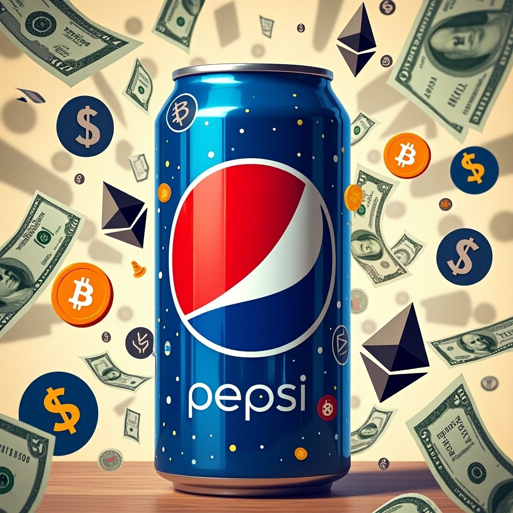 A Pepsi can illustrated with various cryptocurrency symbols and dollar bills surrounding it. The can is vibrant and eye-catching, representing a cross between beverage culture and the rise of cryptocurrency.