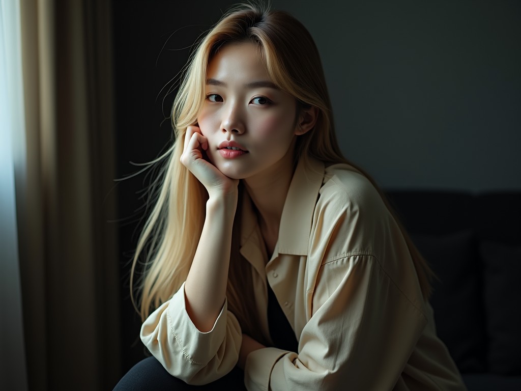 A young woman with long blonde hair sits thoughtfully, resting her face on her hand. The soft lighting filters through a nearby window, casting gentle shadows that enhance the serene expression on her face. Her neutral-colored clothing complements the warm and calming ambiance of the room.