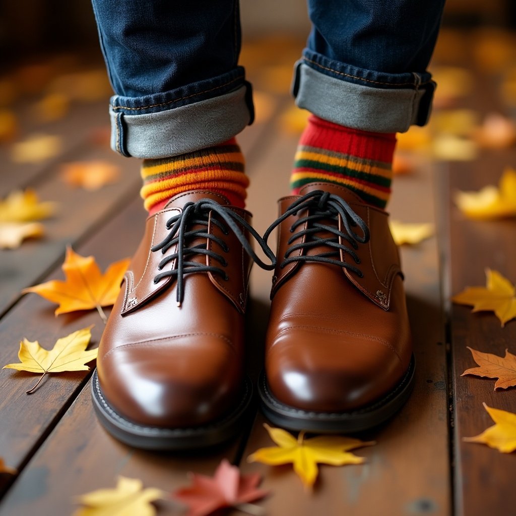 Feet in brown dress shoes and colorful striped socks surrounded by autumn leaves on a wooden floor.