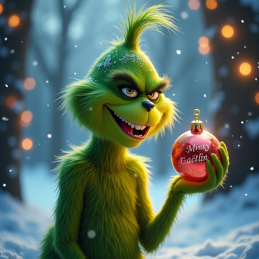 Grinch character holding a Christmas bauble with the name Caitlin written on it in a snowy, forest background. Green furry character with mischievous expression and festive atmosphere.