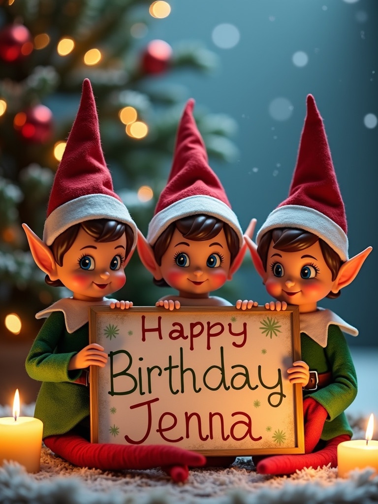 Three elves celebrate a birthday. Sign shows Happy Birthday Jenna. Background features holiday lights and snowy trees. Warm candlelight present.