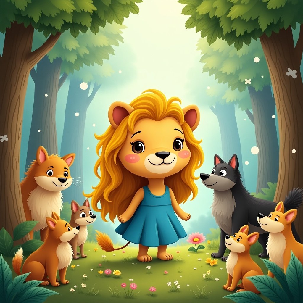 A whimsical illustration shows a young lion with long blonde hair in a blue dress. The lion is surrounded by various animals and dogs in a magical forest. The scene has a fairytale-like charm.