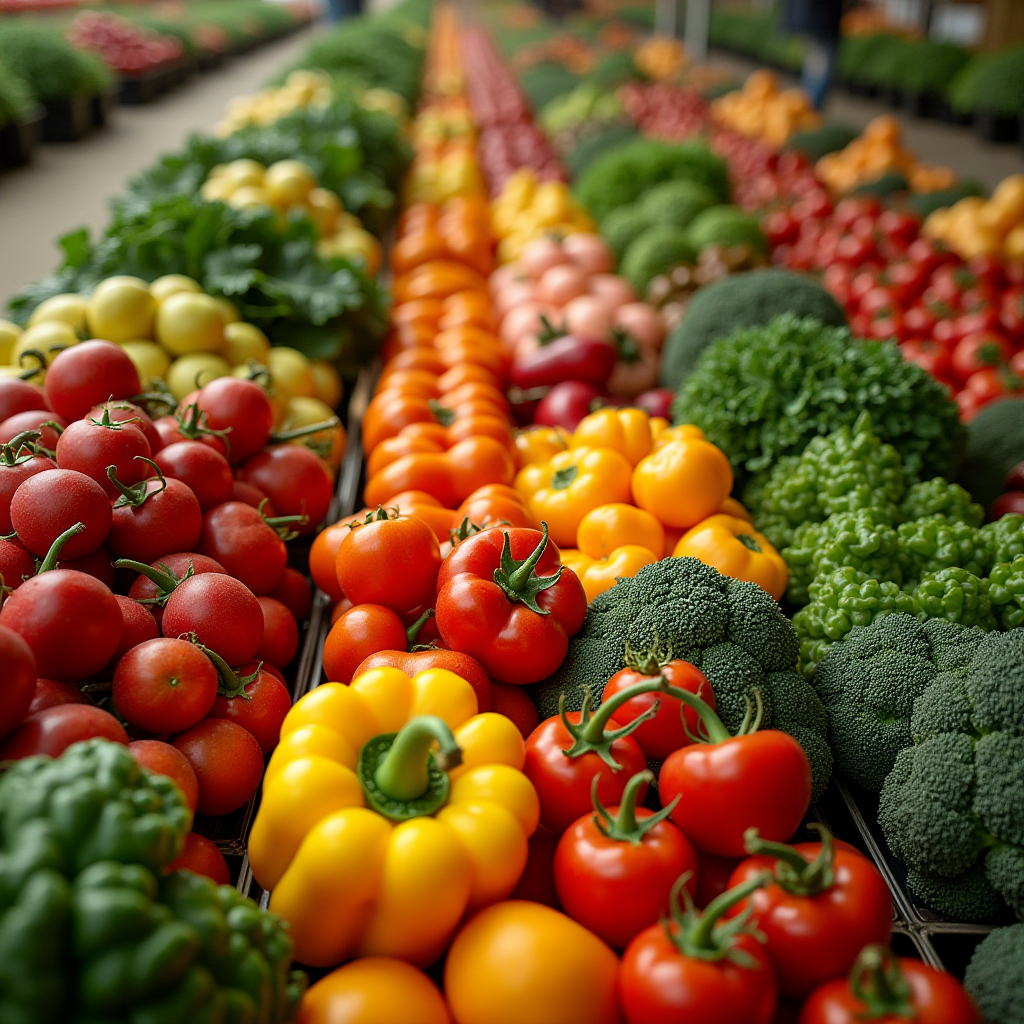 A vibrant display of assorted fresh vegetables at a market.