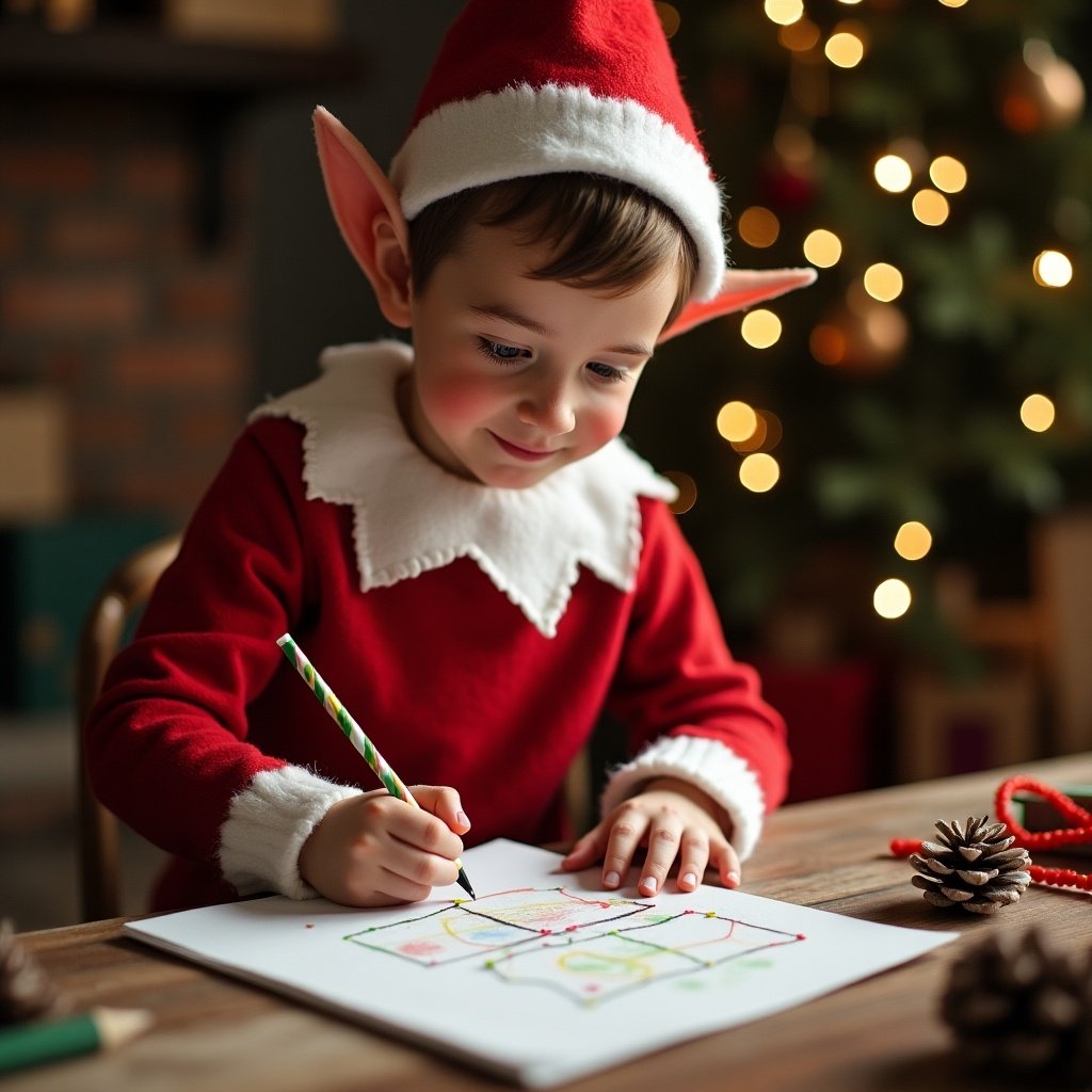 A child dressed as a Christmas elf is sitting at a table. The child is focused on drawing a festive picture. Surrounding the child are holiday decorations and a Christmas tree in the background.