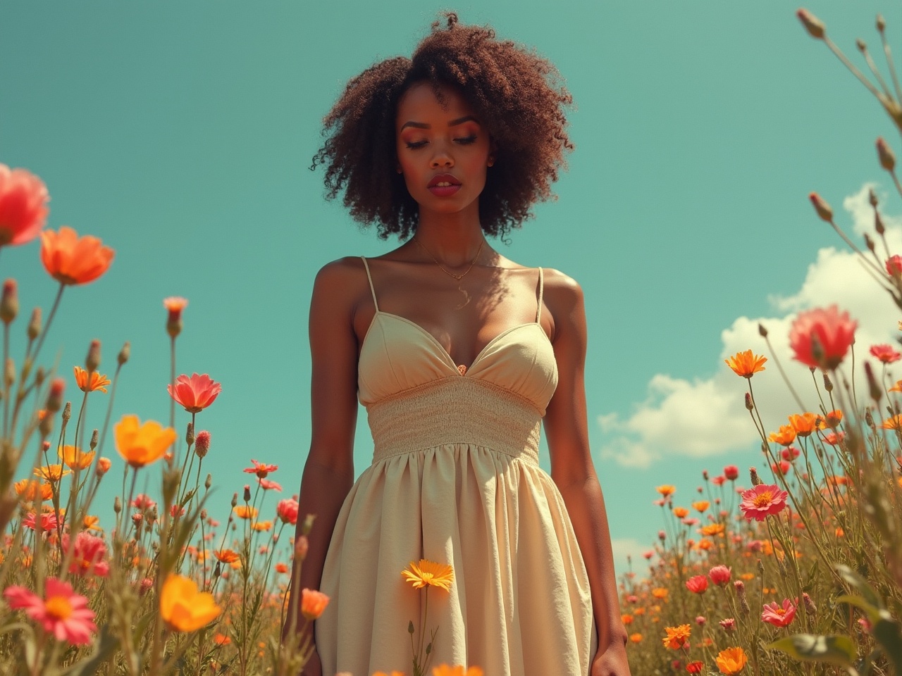 The image features a woman standing elegantly in a field of vibrant flowers. She wears a light, flowing dress, and her expression is serene, evoking a sense of peace and tranquility. The bright colors of the flowers contrast beautifully with the soft blue sky, enhancing the lively yet calm atmosphere.