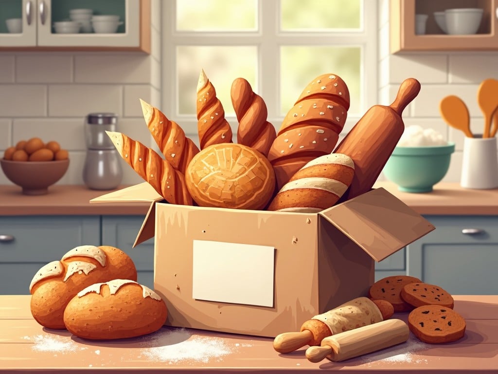 The image displays a cozy kitchen scene with a cardboard box overflowing with various types of bread. There are long loaves, rolls, and a few cookies surrounding the box, placed on a wooden countertop. The kitchen features light blue cabinets and a sunny window in the background, with kitchen utensils and bowls visible. This evokes feelings of warmth and comfort associated with homemade baking. The scene captures the essence of a baking journey, inviting viewers to explore the joys of creating delicious bread.